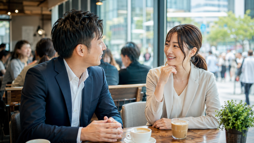 安全ルールを守り人の多い明るい駅近カフェで安心して初対面の待ち合わせをする様子