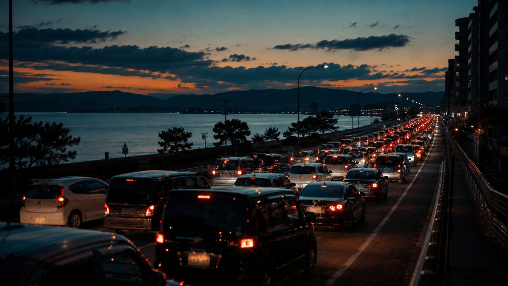国道9号線の渋滞と宍道湖の夕暮れ