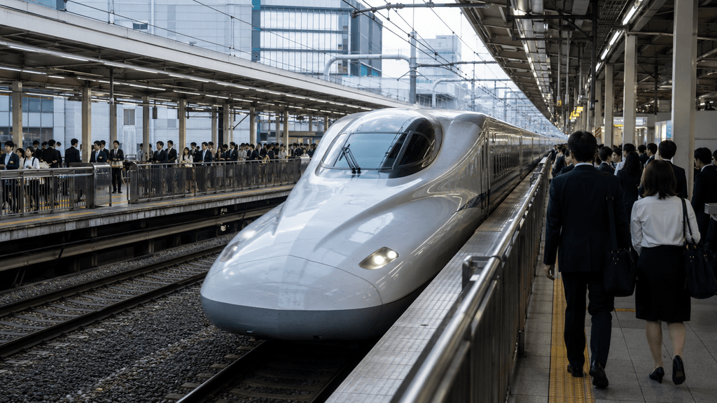 都会の駅に到着する新幹線のイメージ