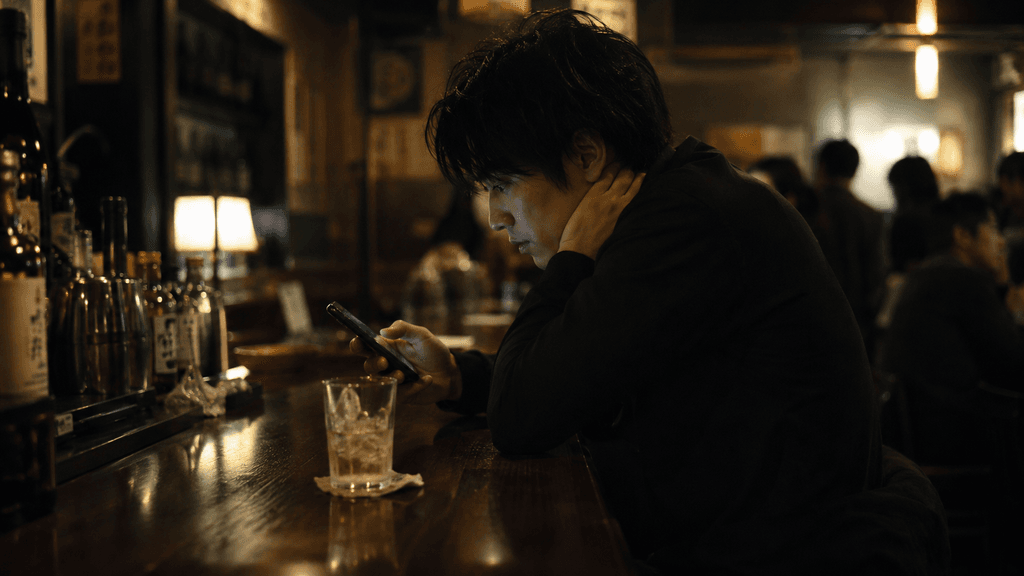 バーでスマホを見つめながら待つ様子