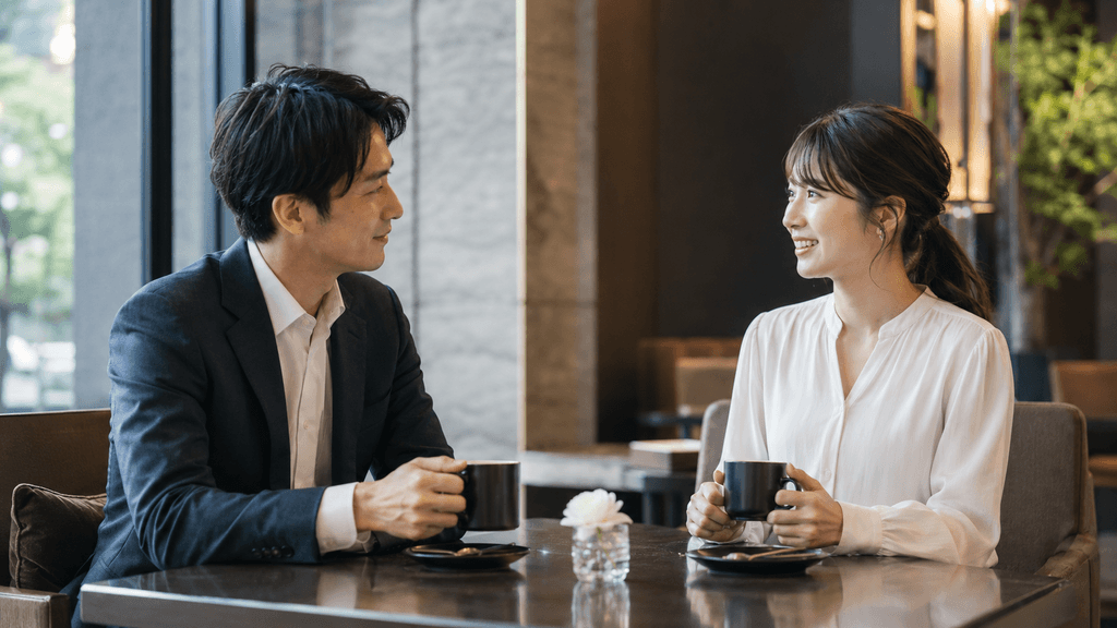 休日の昼下がりに落ち着いたカフェでスマートにお茶を楽しむ 30代の男女
