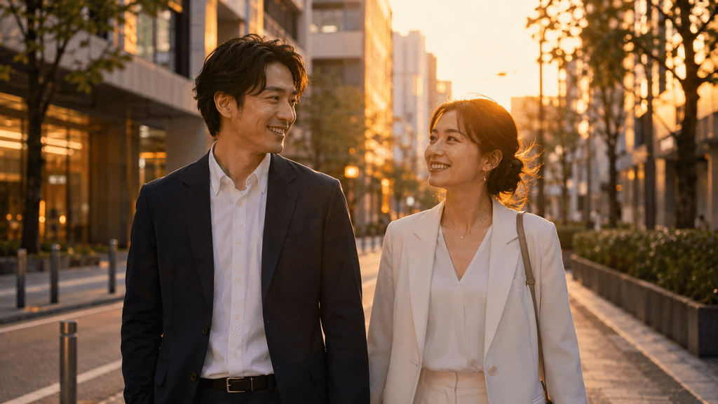 効率的なアプリ選びを経て理想のパートナーと出会い、前向きな笑顔で歩く30代の男女