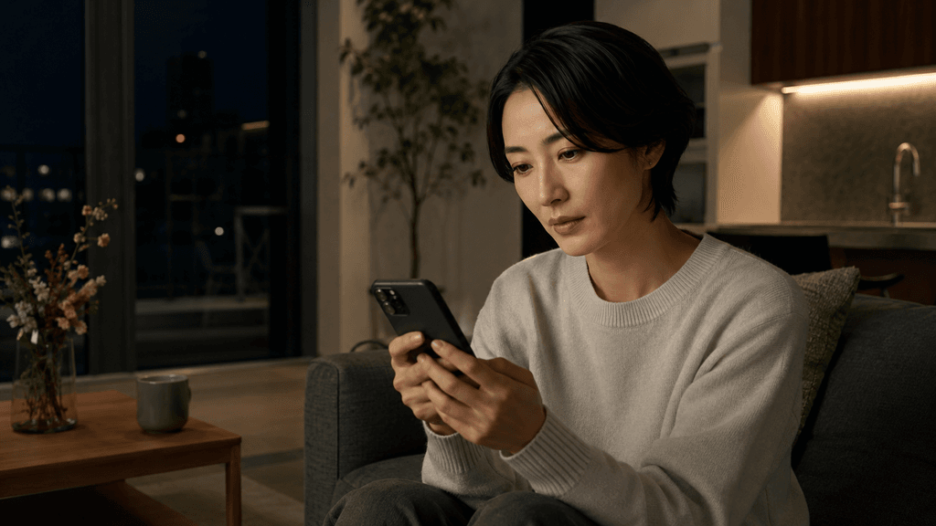 条件選びや結婚への温度差に悩みながらスマートフォンを静かに見つめる30代の大人