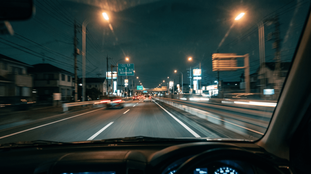 夜のバイパスを走る車