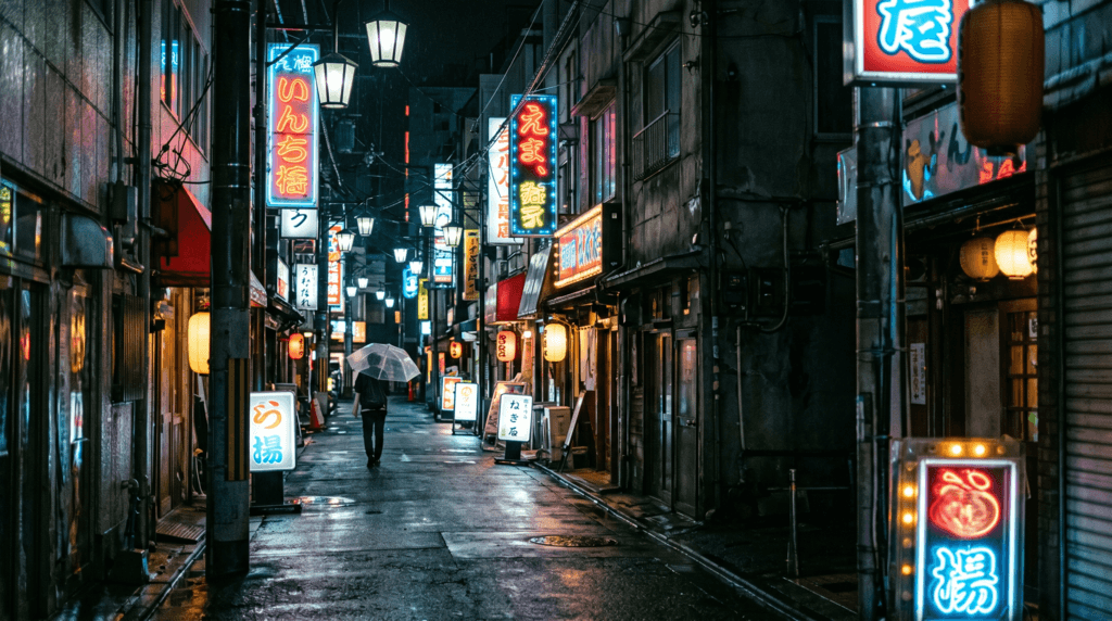 夜の繁華街のネオン