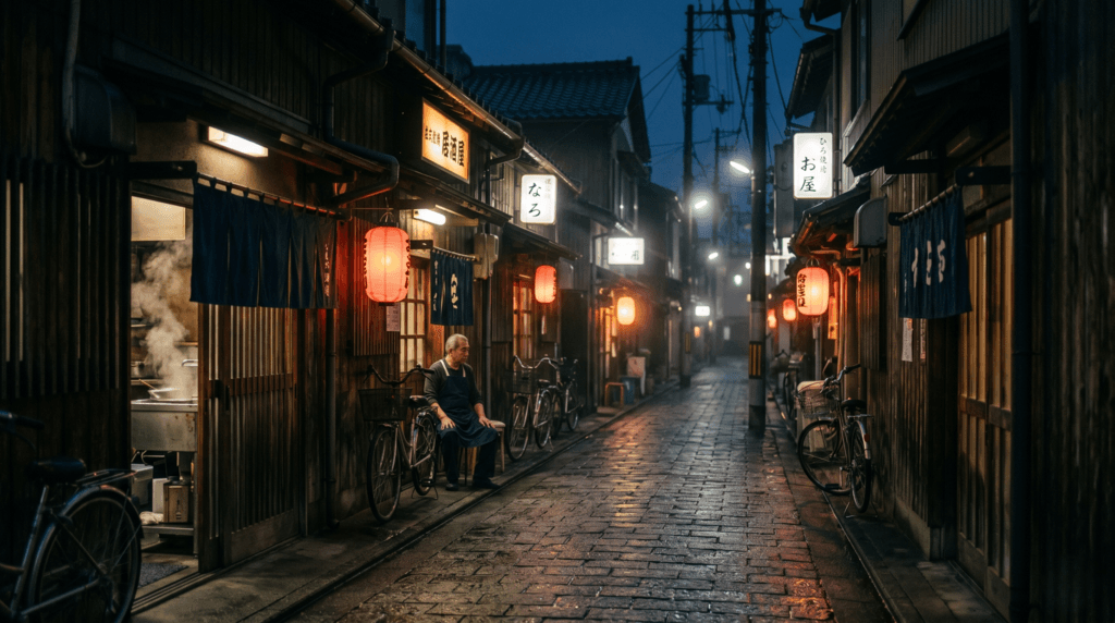 富山の夜の街並みと狭いコミュニティ