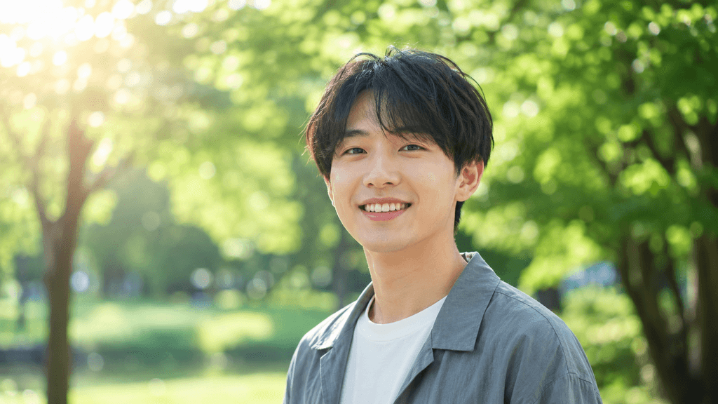 清潔感のある服装で自然な笑顔のプロフィール写真を撮影する20代のイメージ