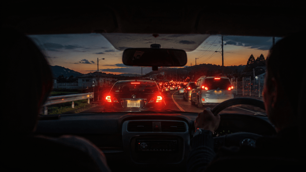 夕暮れ時の国道渋滞