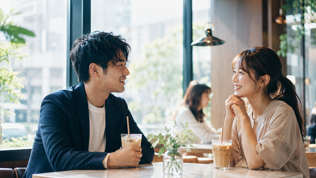 好みカードの共通点からスマートに繋がり明るいカフェで最初のお茶デートを楽しむ男女