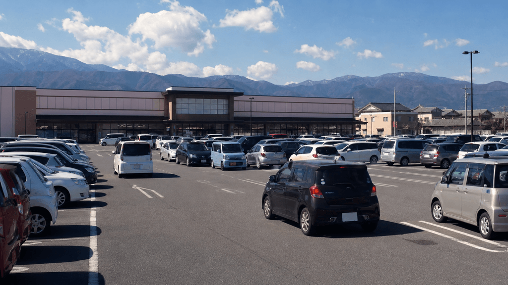 日中の混雑したスーパーの駐車場